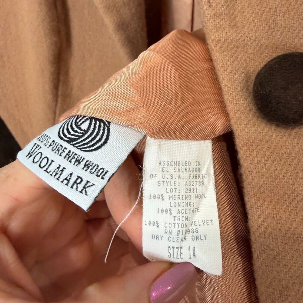 Vintage Urban Wool Blazer Womens 14 Tan Brown Merino l Velvet Trim Button Front - Picture 12 of 13